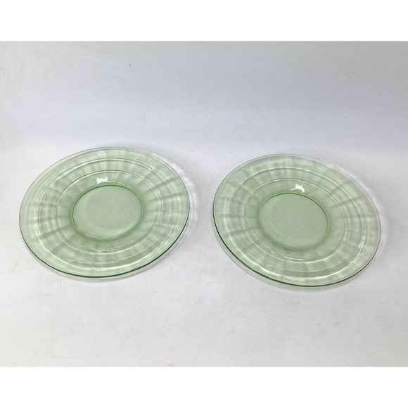 2 Vintage Green Block Optic Depression Glass Plates 6" Anchor Hocking Glow - Picture 6 of 6
